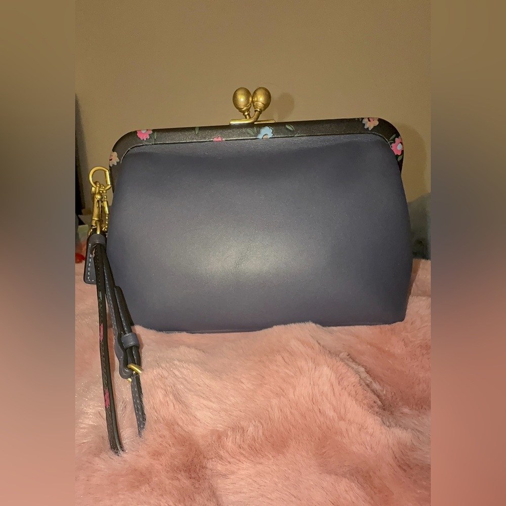 Coach Kisslock Clutch/Wristlet Navy Blue w/ Floral Detail